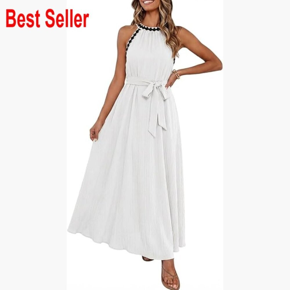 Polyester Halter Maxi Dress with Belt, Side Pockets, Formal Summer